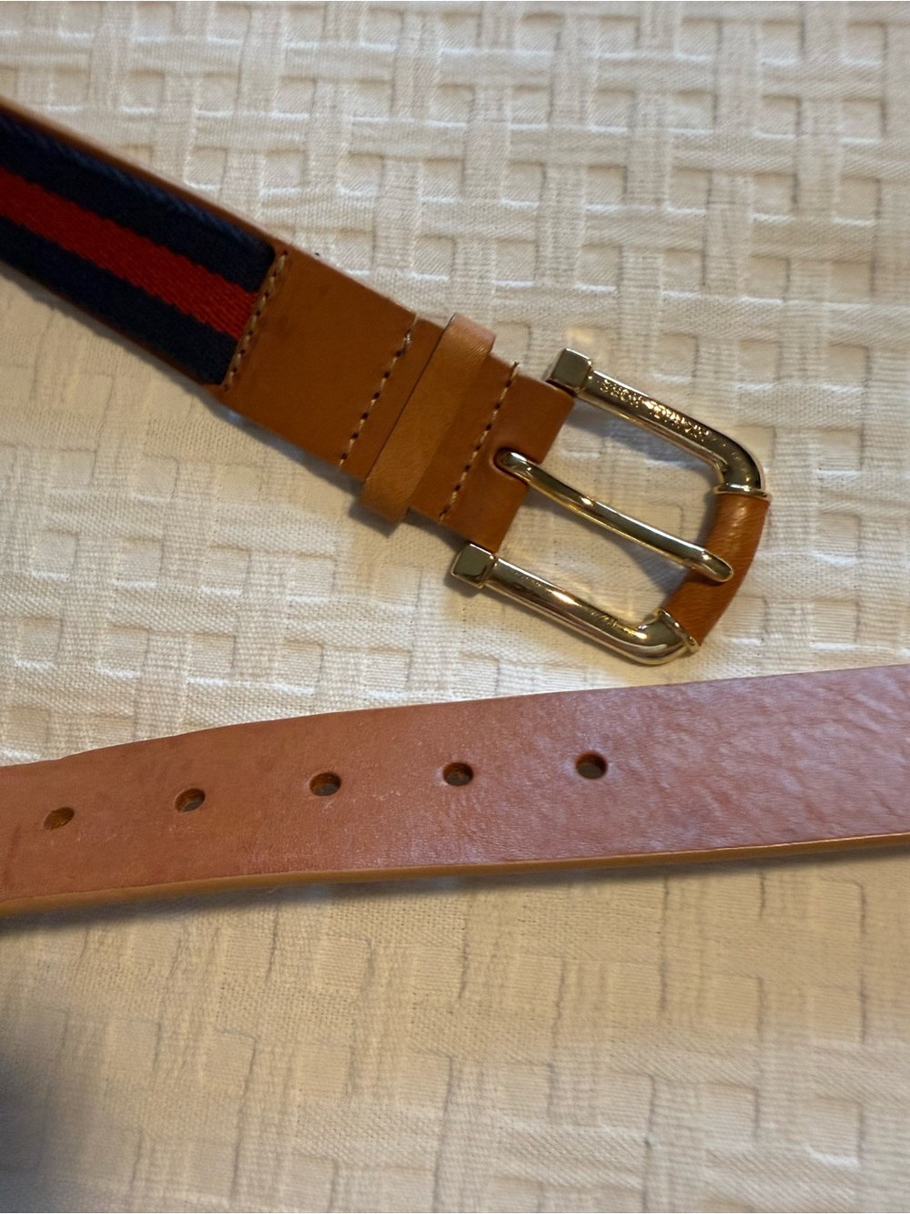 Michael Kors Gold Tone Buckle with Tan Leather blue and red stripe Accents